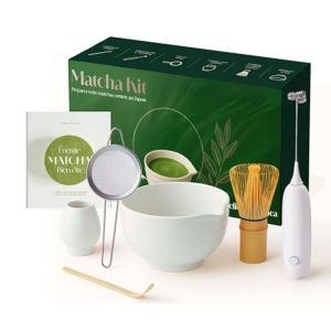 atelier armonea Matcha Kit, Complet 7 Pieces, Fouet Bambou, Bol à Bec Verseur, Tamis, Baguette Japonaise, mousseur Electrique, Support, Ebook Offert, Ensemble Coffret Ceremonie, Idée Cadeau Premium (Atelier Armonea, neuf)