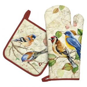 Arquiel Gants De Four & Maniques Lot De 2, 100% Coton Maniques Cuisine Gant Four Anti Chaleur Extra-Longue pour Barbecue, Cuisine, Griller,Micro-Ondes(Oiseau rétro) (Red_Clouds, neuf)