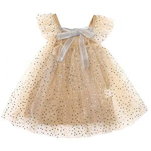 AGQT Bébé Fille Élégante Robe en Tulle,Robe en Fête Soiree d'anniversaire Bapteme Ceremonie Fly Manche Été Paillette Bouffante Tutu Robe Abricot 2-3ans (AGQT, neuf)