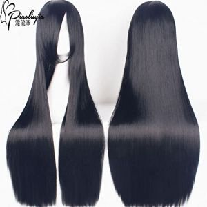 Perruque pour cosplay unisexe noir cheveux longs 80 cm Yan Moai Anime perruque cheveux longs raides Coiffure universelle Couleur : ZF80-07 (noir épais) (good stuff A, neuf)