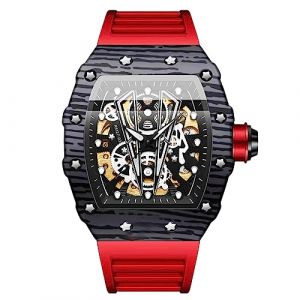 RORIOS Homme Punk Montre Sport Tonneau de Poignet Mécanique Automatique Mode Squelette Étanche Lumineuse avec Bracelet Silicone (RORIOS--FR, neuf)