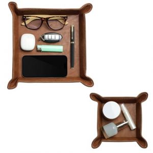 Navaris Vide Poche Entree en Similicuir - 2x Plateau Decoratif Marron Carr&eacute; pour Cl&eacute; Piece Monnaie T&eacute;l&eacute;phone Bijoux - Boite a Clef Decorative pour Rangement Telecommande Maison (SX-Commerce, neuf)