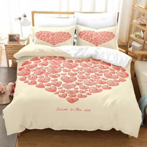 TKCQX Beige Housse de Couette 90x190 Enfant Fille Adulte Parure de Lit Rouge Coeur Housse de Couette Enfant pour 1 Personne Microfibre avec Fermeture éClair + Taie d'oreiller 65x65 cm (TKCQX--欧盟R标, neuf)
