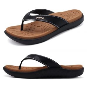 jiajiale Tongs Femme Mode Orthop&eacute;dique Cuir Confortable Soutien Vo&ucirc;te Plantaire Tongue Legere Yoga Mat &eacute;t&eacute; Plage Piscine Flip Flop Douche Antid&eacute;rapante Caoutchouc Semell Kaki Noir EU38.5 (SunshineHOME, neuf)
