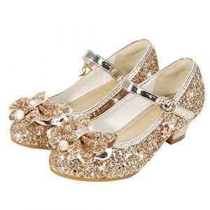 Chaussures à talons bas scintillants pour filles - Pour mariage et enfants - Avec nœud à paillettes - Boucle Mary Jane - Sandales antidérapantes pour fête d'anniversaire, doré, 31 EU (dausxiaux, neuf)