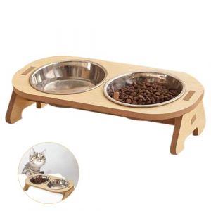 Suuwwn Gamelle sur&eacute;lev&eacute;e pour chat avec support en bois et support en bois - Gamelle sur&eacute;lev&eacute;e en acier inoxydable - Pour nourriture et eau - Pour chats et petits chiens (Suuwwn, neuf)