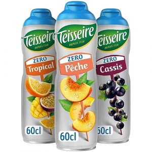 Lot de 3 sirops Teisseire Z&eacute;ro Sucres (P&ecirc;che, Tropical, Cassis) pour Boisson Rafra&icirc;chissante, Cocktails, Bidon Recyclable 3x60cl (THE SIROP SHOP, neuf)