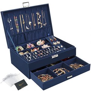 Bo&icirc;te &agrave; bijoux, Rangement Bijoux Coffret Bijoux Verrouillable de Voyage, Coffret &agrave; Bijoux en velours &agrave; 2 Couches, Rangement Bijoux Organisateur De Bijoux pour Colliers,Bagues,Bracelets, Bleu fonc&eacute; (WEFLAIR, neuf)