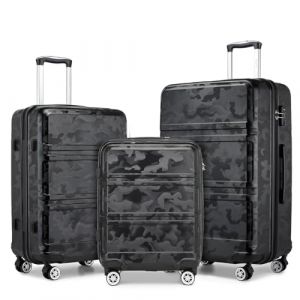 Kono Set de 3 Valises Rigide Bagage Cabine + Valise Moyenne 65cm + Valise Grande 74cm avec 4 roulettes et Serrure TSA, Noir/Camouflage (DL-accessories, neuf)