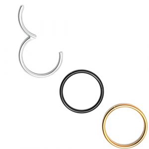 Body CAC 3 Pi&egrave;ces-0.8mm&times;8mm Femme Acier Chirurgical Anneaux de Nez &agrave; Charni&egrave;re Oreille Inoxydable Piercing Helix Cartilage Tragus Boucles D'oreilles,Dor&eacute;/Argent&eacute;/Noir (Body CAC piercing, neuf)