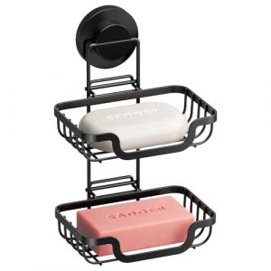 TAILI Porte-Savon Double Couche, Porte Savon Ventouse pour Mur de Douche, Porte-savons Drainant pour Salle de Bain, Porte-éponge en Acier Inoxydable Résistant à Rouille pour Baignoire, Cuisine, Noir (TAILI Store, neuf)