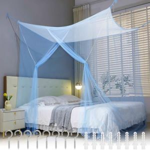 Moustiquaire de Lit,Ciel de Lit Cabane,Polyester Moustiquaire Filet de Lit Suspendu avec Ouvertures Latérales,Mailles Fines Baldaquin pour Décorative pour Maison Jardin et Voyage,Bleu 200x180x165cm (Hsoopoe, neuf)