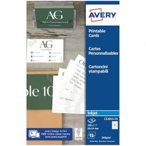AVERY - Pochette de 200 cartes de visite &agrave; bords lisses imprimables recto/verso. En carte blanche mate 260g/m&sup2;. Format 85 x 54 mm. Impression jet d'encre. (C32015-25) (Smart Distribution Technologies GmbH, neuf)