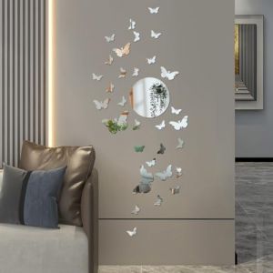 Stickers Miroir Papillon, 37 pièces en acrylique 3D Stikers Murals Papillon Bow miroir mural acrylique amovible argent sticker miroir adhésif décoration bureau dans la chambre à coucher du salon (My Smart Choice 5, neuf)
