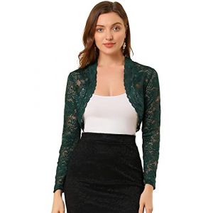Allegra K Boléro Dentelle Florale Femme Cardigan Court Ouvert Devant à Manches Longues Boléro Élégant pour Invité de Mariage et Cocktail Gilet Court Demi-Transparent Vert Foncé M (Weisser Berg, neuf)