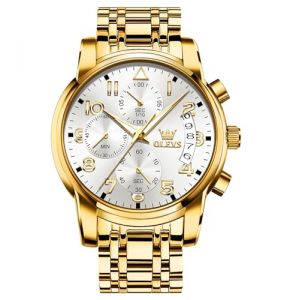 OLEVS Montre en Acier Inoxydable pour Homme - Quartz de Luxe, Date Diamant Étanche, Lumineuse - Classique Élégante Noir/Bleu/Doré, Cadran Blanc/Bracelet (XING LINGYU, neuf)