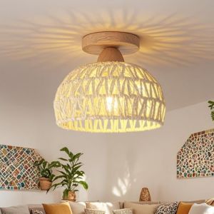YESINTO Plafonnier Rotin,Luminaire Plafonnier LED,Blanc Cass&eacute; Abat - Jour,Suspension Luminaire Int&eacute;rieur pour Chambre,Salon,Cuisine,Salle &agrave; manger,Bureau,Escalier,Hall d'entr&eacute;e,Couloir,Vintage Boho (feelan, neuf)
