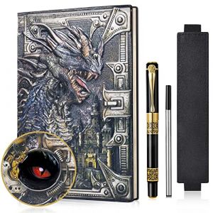 DND &ndash; Carnet de notes dragon 3D en cuir gaufr&eacute; A5 &ndash; Journal de voyage vintage avec stylo et pochette pour stylo &ndash; Journal d'&eacute;criture lign&eacute; fait &agrave; la main pour homme et femme (dragon color&eacute;) (zhanting, neuf)