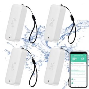 Thermomètre hygromètre intelligent: capteur d'humidité et de température étanche avec notification d'alarme par application, auto-magnétique pour l'intérieur et l'extérieur, fit Alexa (4PCS,White) (RiSoon, neuf)