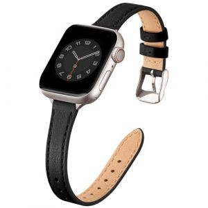 Bracelet Apple Watch Cuir Compatible avec le 38mm 40mm 41mm 42mm(Series 10),Cuir Fin Véritable pour Femme Remplacement,Apple Watch Series 10/9/8/7/6/5/4/3/2/1/SE/SE2(Noir&Lumiere stellaire) (HAOYUYUANKE-EU, neuf)