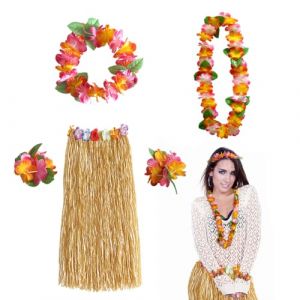 FUIPVGI 5 Pièces Costume de Hula Hawaïen, Jupe Hawaïenne, Hawaiian Herbe Hula Jupe Avec Fleur Leis Collier, Hawaiian Hula Grass Skirt Deguisement Hawaienne Femme, Pour Les Carnavals (DONG YI, neuf)