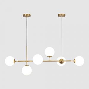 KCO Lighting Lustre Vintage en Verre à 6 Lumières Pour Salon, Lustre Linéaire Moderne en Forme de Globe Blanc, Luminaire Suspendu Doré en Laiton du Milieu du Siècle Pour Cuisine (Éclairage KCO, neuf)