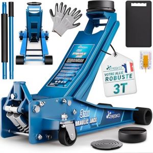 TRESKO Cric hydraulique 3 t - Hauteur de levage 75 &agrave; 510 mm - Cric hydraulique pour voiture - Cric plat avec double piston et roulettes &agrave; 360&deg; - Avec 2 patins en caoutchouc, tapis de protection, gants (DWD-Company, neuf)
