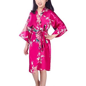 Dolamen Kimono Robe Filles, Filles Enfant Garçon Chemises de Nuit Paon et Fleurs, Robe Peignoir en Satin Pyjamas Natation Anniversaire de Mariage (Taille 12 Hauteur 130-145CM (51"-57"), Rose) (Dolamen EU, neuf)