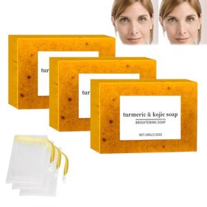 Savon au curcuma et à l'acide kojique Menuha, savon nettoyant au curcuma et au citron, savon au curcuma, savon éclaircissant au curcuma, savon blanchissant pour la peau avec filets à bulles (3 pcs) (Fuhandianzi, neuf)
