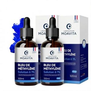 Laboratoire Moavita - Bleu de M&eacute;thyl&egrave;ne 1% &ndash; Lot de 2 x 100ml (200ml) - Solution Pure | Ultra Haute Puret&eacute; USP &ge;99% | Fabriqu&eacute; et Test&eacute; en Allemagne | Flacon Verre Ambr&eacute; avec Pipette (Ajima-FR, neuf)