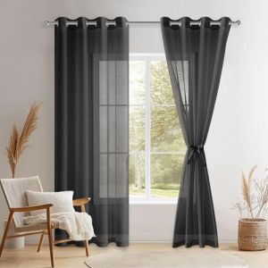 DWCN Lot de 2 Rideaux Voilages à Oeillets pour Fenêtre, Rideau Transparents avec Embrasses pour Salon Chambre d'enfant, Noir, 140x225cm (Largeur x Hauteur) (DWCN EU, neuf)