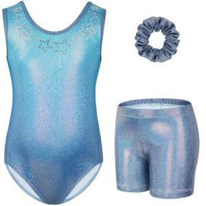 Gogokids Ensemble de Gymnastique Trois Pi&egrave;ces pour Filles, Justaucorps Sans Manches avec Shorts et Bandeau, Tenue de Gymnastique avec Design de Couleur Scintillants D&eacute;grad&eacute;e pour 6 &agrave; 7 Ans (KunTee, neuf)