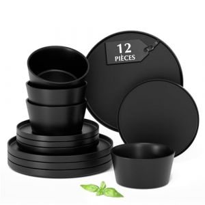 MIAMIO - Ensemble de vaisselle moderne en gr&egrave;s Luxe - Noir - 12 pi&egrave;ces (Assiettes &agrave; ap&eacute;ritif &Oslash;20cm, Grandes assiettes plates &Oslash;26cm, Bols 740ml) - Passe au lave-vaisselle et au micro-ondes (Blochergroup FR, neuf)