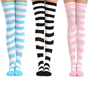 3 paires de chaussettes au genou mignon kit à rayures pour les femme adolescentes, kawaii coloré rose blanc overknee long bas rayures chaussette haute enroulées pour carnaval cosplay (bleu rose noir) (linjinde, neuf)