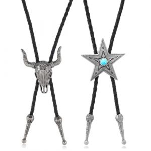 LAJUP 2 Pi&egrave;ces Cravate en Cuir Cravate Cr&acirc;ne de Vache Collier Bolo Turquoise pour Homme Femme R&eacute;glable Cravate Rod&eacute;os Occidentaux (KUNKUN YU, neuf)