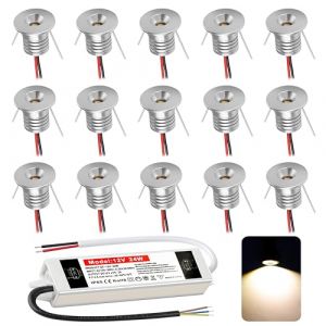 DYKUWEY Spot LED Encastrable 12V 1W, Mini Spot Led IP65 Blanc Chaud,spot salle de bain Trou Φ15-18mm,Spots de plafond pour Cuisine,Salon,Carport,Escalier,Couloir, Lot de 15 (Argenté Blanc Chaud 3000K) (DYKUWEY, neuf)