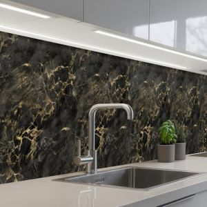 KitchenYeah&copy; Credence Cuisine Adhesive 60x500 cm Protege Mur Revetement Mural Adhesif Parement Interieur &Agrave; Coller Plaque Plastique Rigide Noir - Marbre - Or - Nerf (KitchenYeah, neuf)
