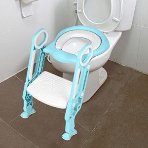 Siège de Toilette pour Enfants, Toilette Pot WC Bebe Enfant, Toillet Escalier Pliable, Réducteurs Wc Enfant avec Marche, Escalier de Toilettes pour Enfants Réglable en Hauteur (Blanc-Bleu clair) (jusiZL, neuf)