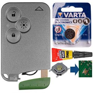 Kit de r&eacute;paration cl&eacute; Kit Voiture Smartkey logement de Remplacement avec t&eacute;l&eacute;commande 3 Boutons + Urgence Key + Pile Bouton Compatible avec Renault Laguna 2 4 Espace Vel Satis (mt-commerce, neuf)