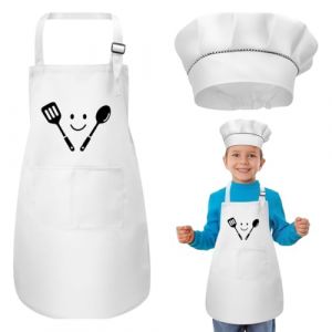 DIFLAX Chapeau de Chef Enfants Tablier de cuisine pour enfant avec Poche Toque de Cuisinier Blanc R&eacute;glable Toque de Cuisinier Cuisine Uniforme Chapeau F&ecirc;te Cuisson Accessoires de Cuisson (SVF TUNDER PRICE, neuf)