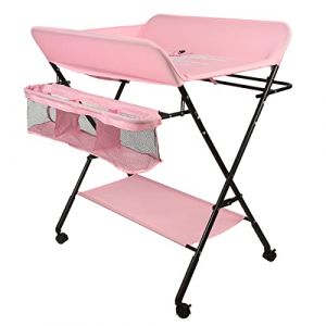 Table à Langer Pliante,Commode à langer pliable pour bébé,Table à langer avec étagères de rangement, Espace de rangement+fermoir de sécurité, motif girafe. (rose) (Willanmd, neuf)