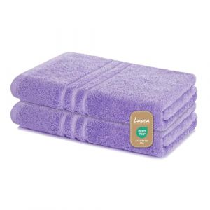 Lavea Série Elena - Lot de 2 Serviettes de Bain Luxe 70x140 cm, Éponge 100% Coton, Ultra Douces, Absorbantes, Durables, Idéales Douche & Sauna - Violet (B&D Textiles, neuf)
