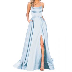xxxiticat Robe de soirée élégante avec poches en satin - Robe de mariée - Dos nu - Robe de soirée sexy - Robe de mariée spaghetti - Robe de princesse - Robe de demoiselle d'honneur, bleu clair, M (xxxiticat, neuf)
