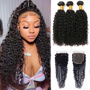 Tissage Bresilien avec Closure Tissage Naturel Cheveux Humain Tissage Cheveux Naturels 18 20 22 +16 Pouce Curly Human Hair Bundles Tissage Bresilien Boucle Tissage Brésilien Vagues (PF hair products, neuf)