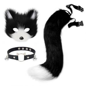 hbbhml Masque de renard en fausse fourrure loup chat queue moelleuse et collier en cuir ensemble Halloween f&ecirc;te cosplay accessoire de costume, Noir/blanc, taille unique (yier-shop, neuf)