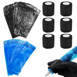 WEFHEF 400 Pcs Sac Stylo de Tatouage Transparent et 6 Pcs Bande Bandage &Eacute;lastique Auto-adh&eacute;sif, Housse de Protection pour Stylo de Machine &agrave; Tatouer, Couvertures de Machine &agrave; Tatouer sans Fil &Eacute;tanche (Vectorspar, neuf)