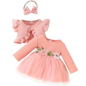 Yoolhamy Ensemble Robe et Cardigan pour b&eacute;b&eacute; &agrave; Manches Longues en Coton Princesse Robe Tutu et Manteau (Long Sleeve Pink, 3-6 Mois) (Yoolhamy, neuf)