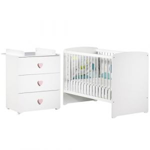 BabyPrice Duo Lit bébé 120x60 cm + Commode à Langer Boutons Coeur Rose Basic | Fabriqué en France by Sauthon (Baby's Sweet Home, neuf)