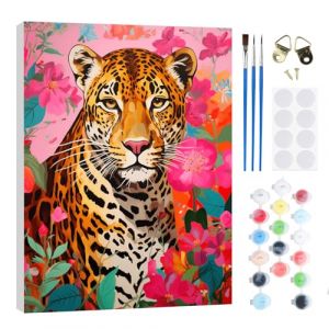 RICUVED Fleur de L&eacute;opard Peinture par Num&eacute;ros DIY Kit 20x30cm pour Adultes Enfants avec Cadre en Bois&ndash;Animaux DIY Peinture &agrave; l'huile par Num&eacute;ros sur Toile Artisanat avec Pinceaux Peintures Acryliques (FANDIJIA, neuf)