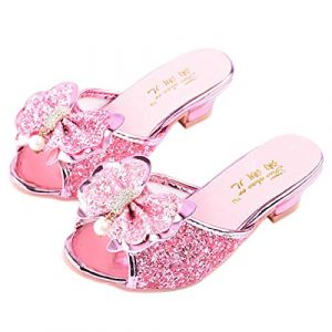 Monissy Sandale à Talon Haut Mules Bouche de Poisson Argenté Paillette Noeuds Métal Crystal Incrusté Perle Fille Princesse Déguisement Chaussures de Danse Noël Halloween, Rose, 28 EU (Monissy, neuf)